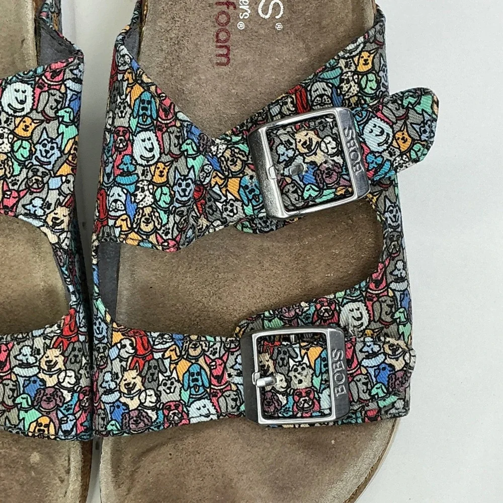 BOBS Skechers Multicolor Dog Print Slide Sandals Kids Size 7 Memory Foam Buckle